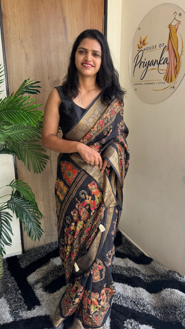 Pure Silk Saree with Ajrak Print, Rich Pallu & Mirror Work — HOP176