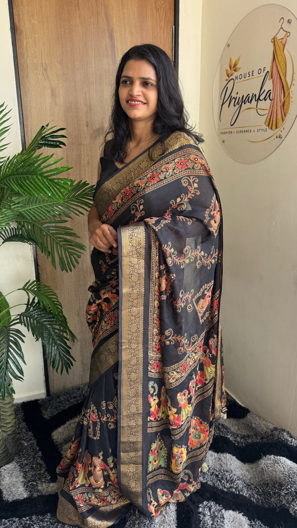 Pure Silk Saree with Ajrak Print, Rich Pallu & Mirror Work — HOP176