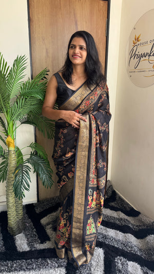 Pure Silk Saree with Ajrak Print, Rich Pallu & Mirror Work — HOP176