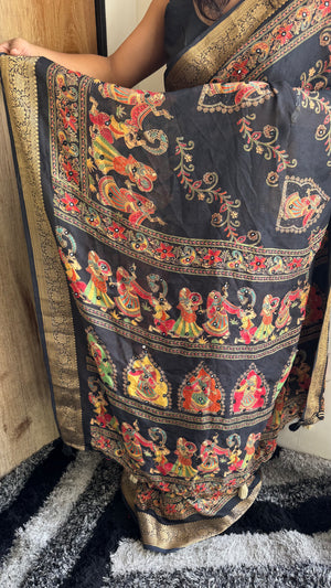 Pure Silk Saree with Ajrak Print, Rich Pallu & Mirror Work — HOP176