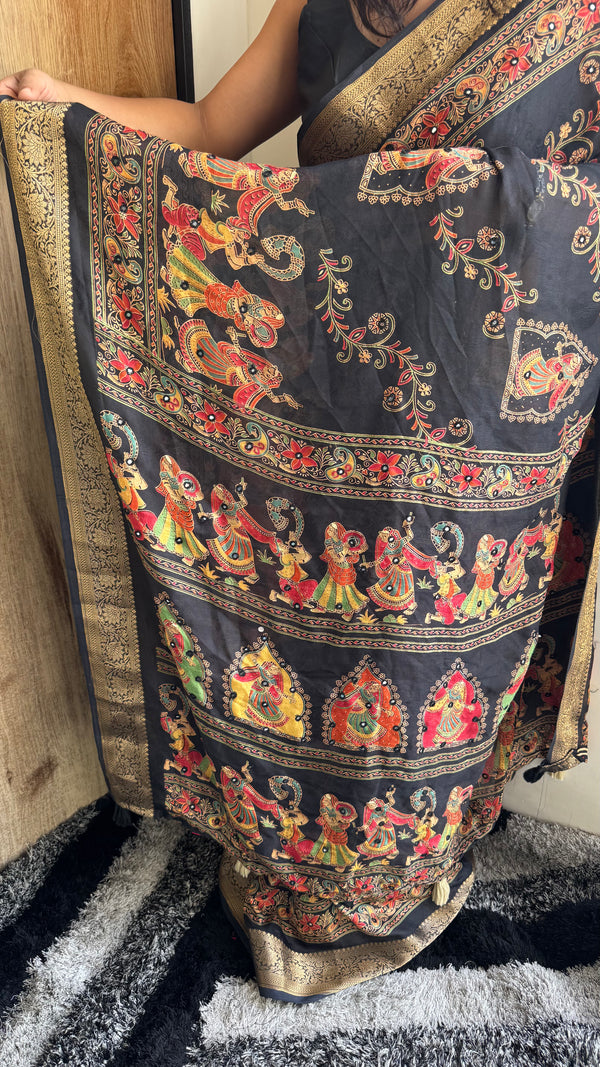 Pure Silk Saree with Ajrak Print, Rich Pallu & Mirror Work — HOP176