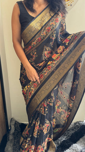 Pure Silk Saree with Ajrak Print, Rich Pallu & Mirror Work — HOP176