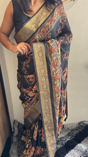 Pure Silk Saree with Ajrak Print, Rich Pallu & Mirror Work — HOP176