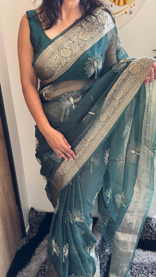 Kanchipuram Organza Tissue Jacquard Border Saree — HOP177