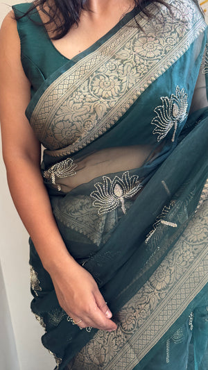 Kanchipuram Organza Tissue Jacquard Border Saree — HOP177