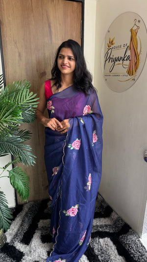 Soft Tebi Digital Printed Saree with Val Moti Border & Handwork — HOP178