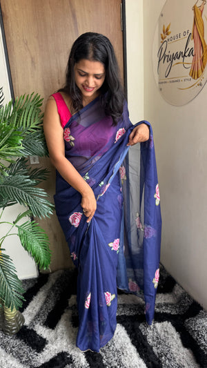 Soft Tebi Digital Printed Saree with Val Moti Border & Handwork — HOP178
