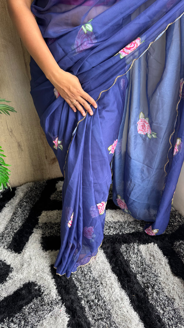 Soft Tebi Digital Printed Saree with Val Moti Border & Handwork — HOP178