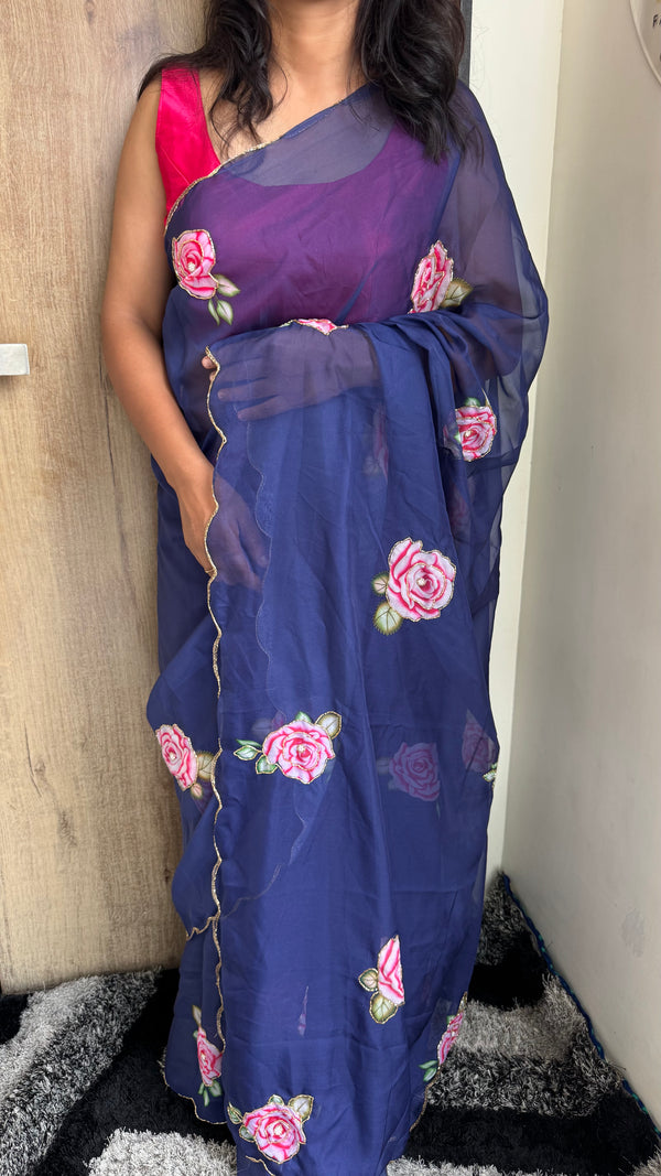 Soft Tebi Digital Printed Saree with Val Moti Border & Handwork — HOP178