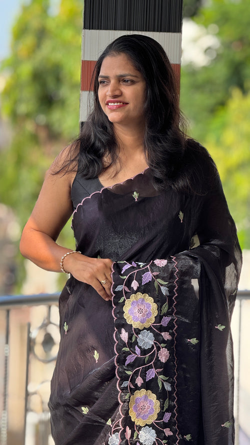 Party Wear Fendy Satin Saree with Multi Thread Embroidery — HOP180