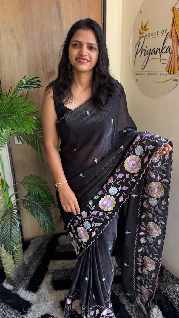 Party Wear Fendy Satin Saree with Multi Thread Embroidery — HOP180