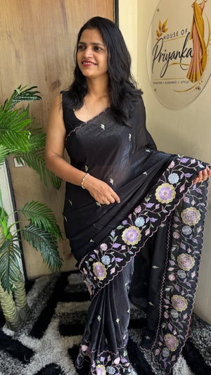 Party Wear Fendy Satin Saree with Multi Thread Embroidery — HOP180