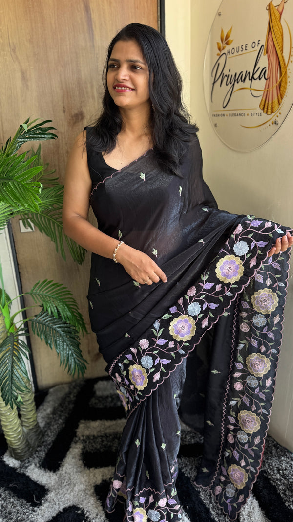 Party Wear Fendy Satin Saree with Multi Thread Embroidery — HOP180