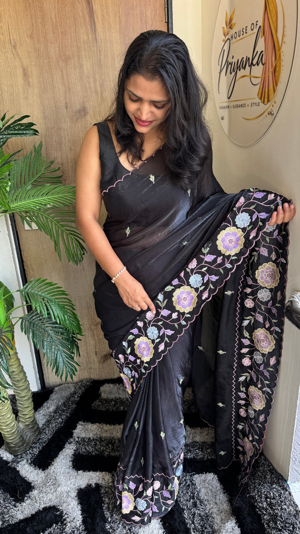 Party Wear Fendy Satin Saree with Multi Thread Embroidery — HOP180