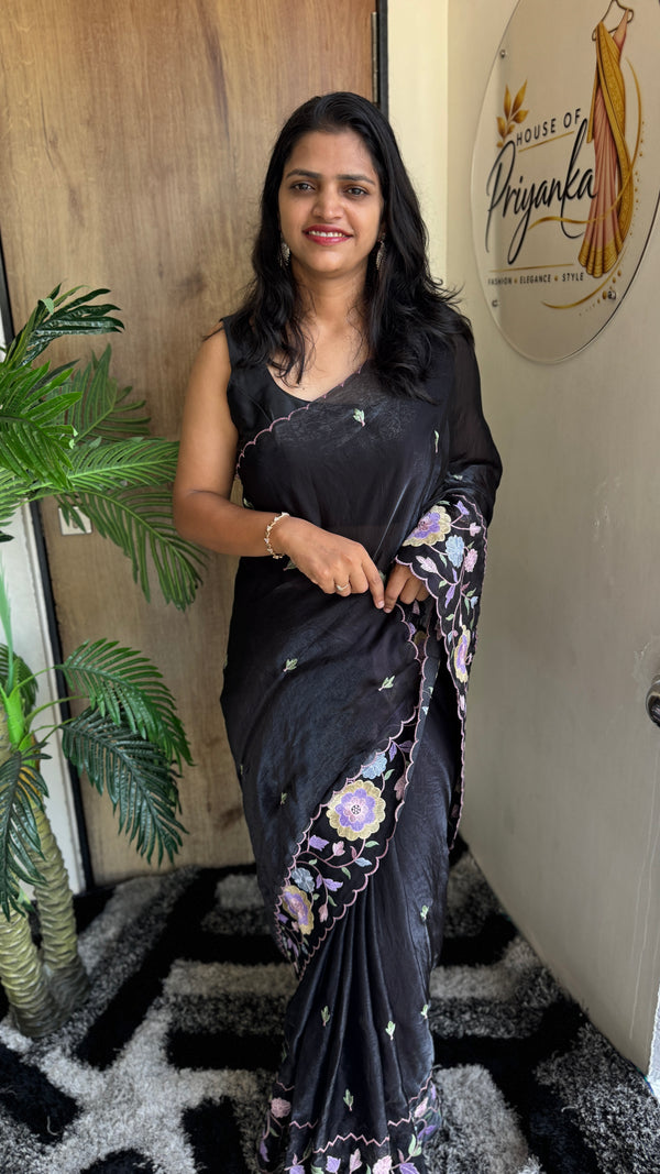 Party Wear Fendy Satin Saree with Multi Thread Embroidery — HOP180