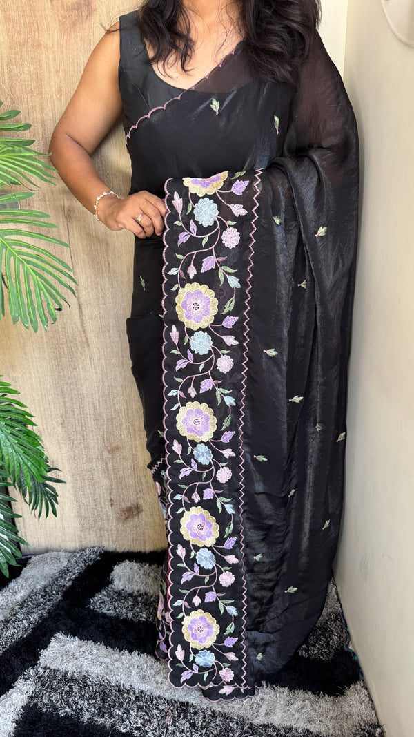 Party Wear Fendy Satin Saree with Multi Thread Embroidery — HOP180