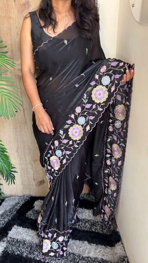 Party Wear Fendy Satin Saree with Multi Thread Embroidery — HOP180