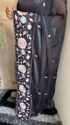 Party Wear Fendy Satin Saree with Multi Thread Embroidery — HOP180