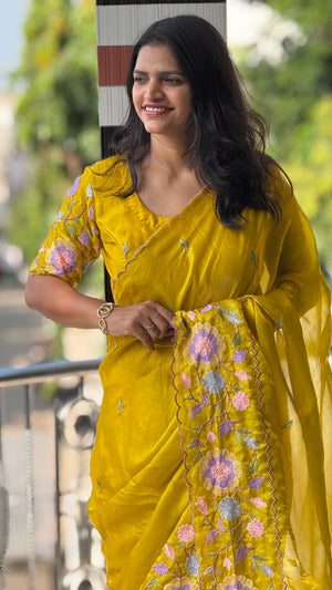Party Wear Fendy Satin Saree with Multi Thread Embroidery — HOP186