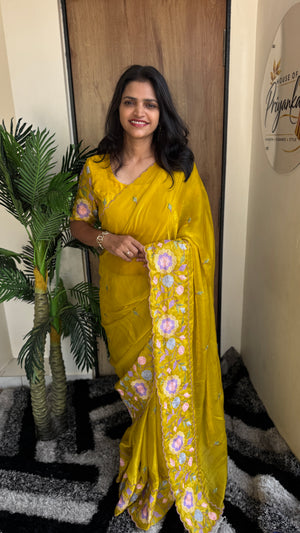 Party Wear Fendy Satin Saree with Multi Thread Embroidery — HOP186