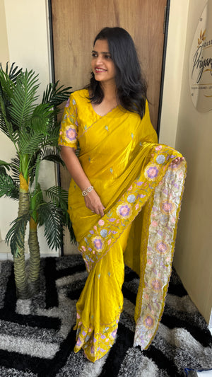 Party Wear Fendy Satin Saree with Multi Thread Embroidery — HOP186