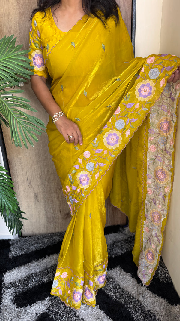 Party Wear Fendy Satin Saree with Multi Thread Embroidery — HOP186