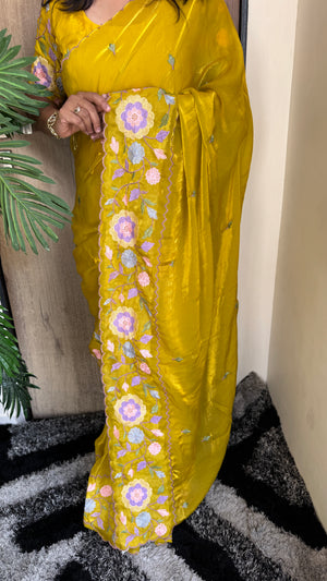 Party Wear Fendy Satin Saree with Multi Thread Embroidery — HOP186