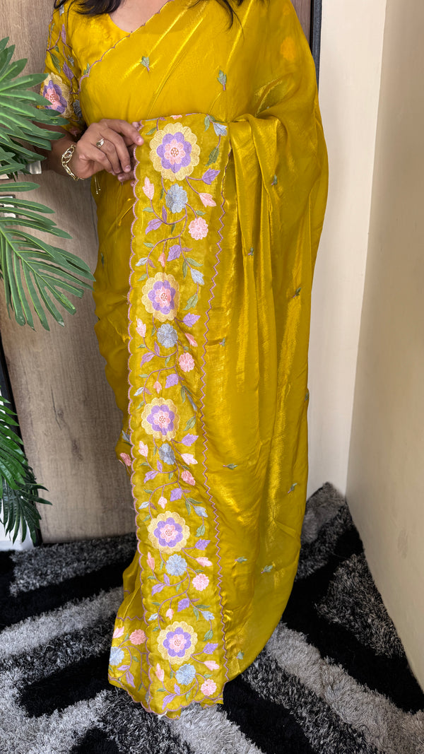 Party Wear Fendy Satin Saree with Multi Thread Embroidery — HOP186