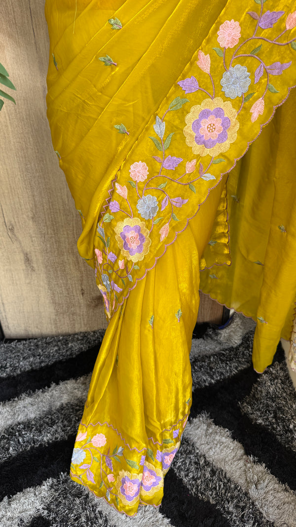 Party Wear Fendy Satin Saree with Multi Thread Embroidery — HOP186