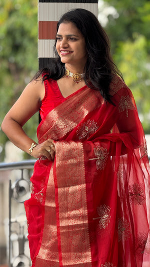 Festive Wear Kanchipuram Golden Organza Tissue Saree with Jacquard Border in Teal — HOP188