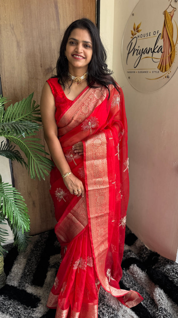 Festive Wear Kanchipuram Golden Organza Tissue Saree with Jacquard Border in Teal — HOP188