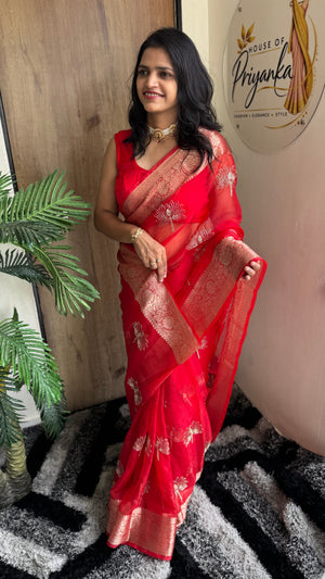 Festive Wear Kanchipuram Golden Organza Tissue Saree with Jacquard Border in Teal — HOP188