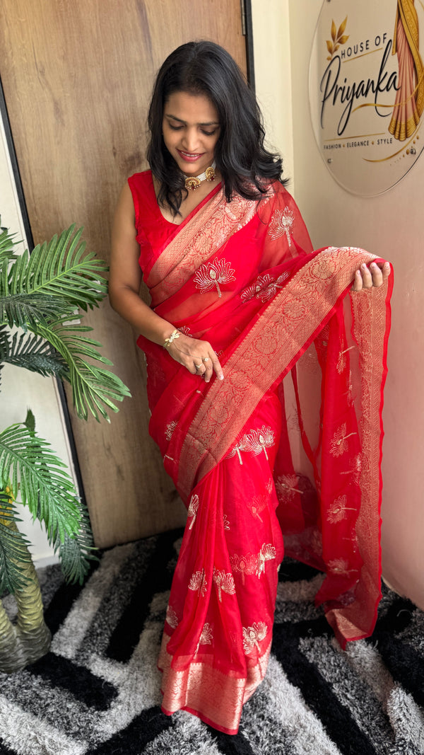 Festive Wear Kanchipuram Golden Organza Tissue Saree with Jacquard Border in Teal — HOP188