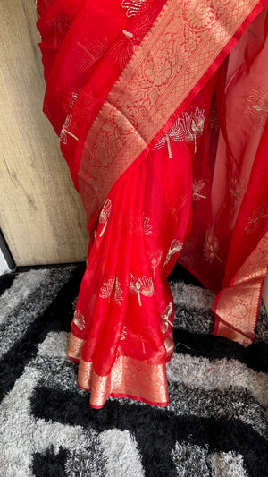 Festive Wear Kanchipuram Golden Organza Tissue Saree with Jacquard Border in Teal — HOP188