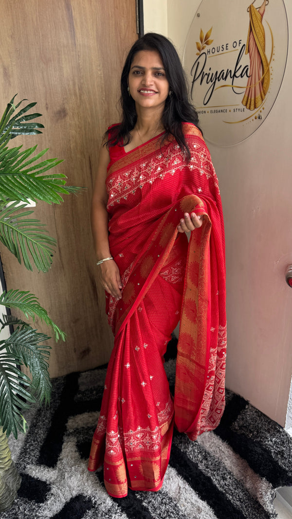 Wedding Wear Jacquard Zari Mirror Work Saree — HOP190