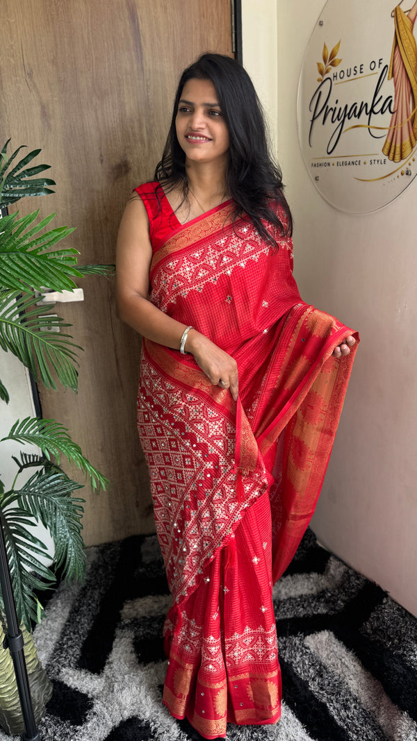 Wedding Wear Jacquard Zari Mirror Work Saree — HOP190