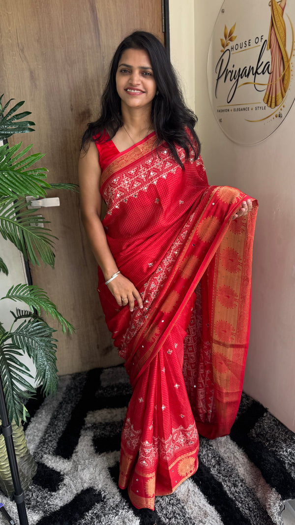 Wedding Wear Jacquard Zari Mirror Work Saree — HOP190