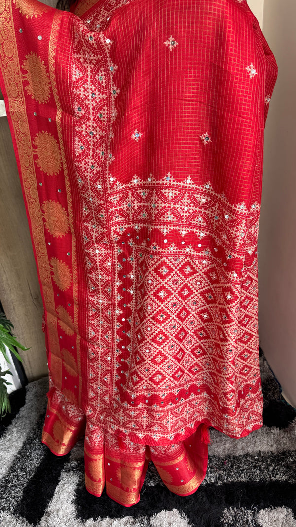 Wedding Wear Jacquard Zari Mirror Work Saree — HOP190
