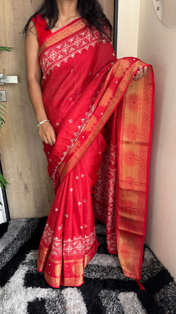 Wedding Wear Jacquard Zari Mirror Work Saree — HOP190