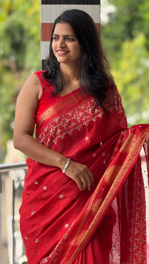 Wedding Wear Jacquard Zari Mirror Work Saree — HOP190