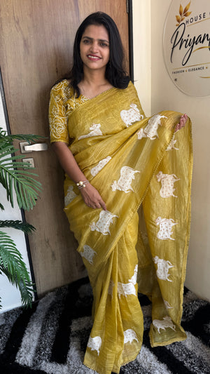 Party Wear Paper Silk Crush Saree with Embroidery Work Blouse — HOP191