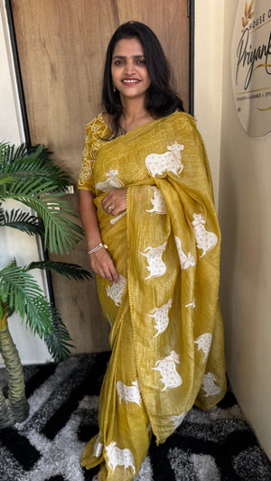 Party Wear Paper Silk Crush Saree with Embroidery Work Blouse — HOP191