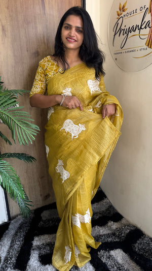 Party Wear Paper Silk Crush Saree with Embroidery Work Blouse — HOP191