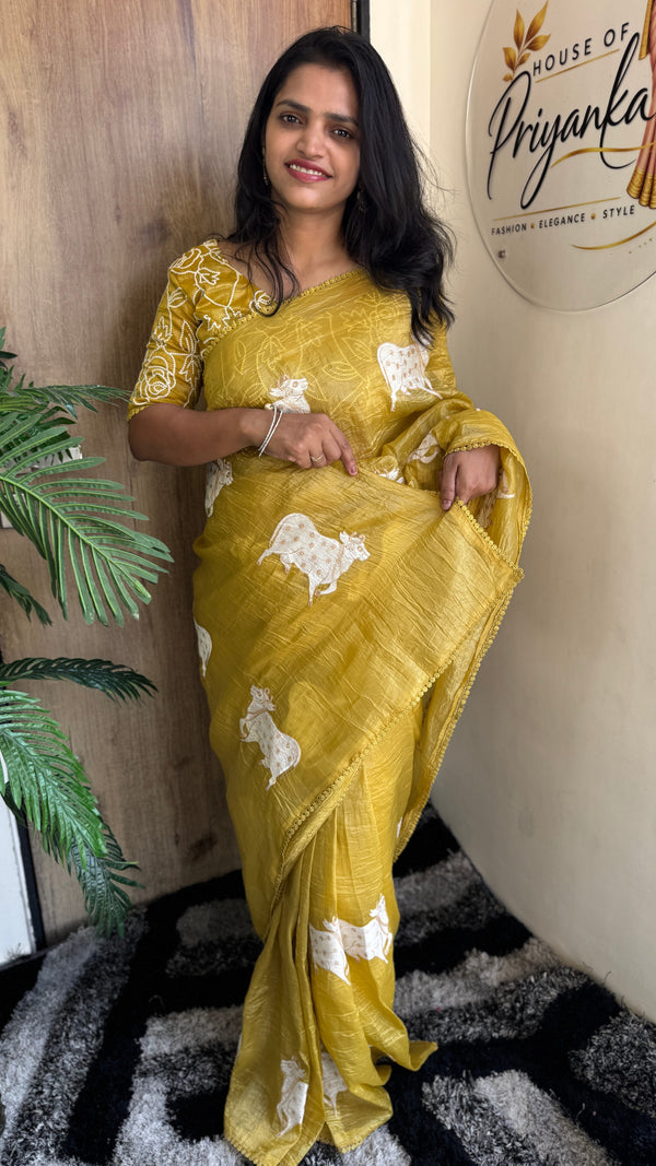 Party Wear Paper Silk Crush Saree with Embroidery Work Blouse — HOP191