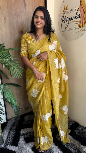 Party Wear Paper Silk Crush Saree with Embroidery Work Blouse — HOP191