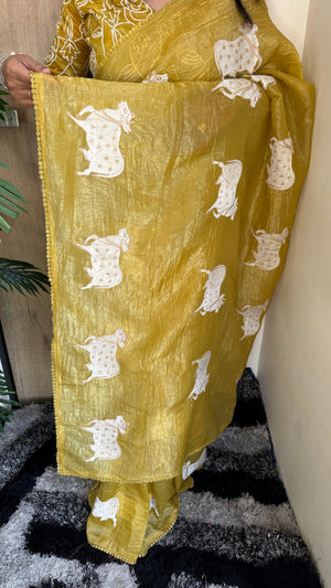 Party Wear Paper Silk Crush Saree with Embroidery Work Blouse — HOP191