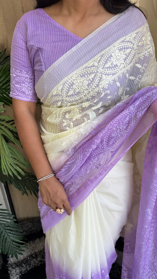 Festive Wear Premium Cotta Saree with Chikankari Embroidery in Lavender — HOP193