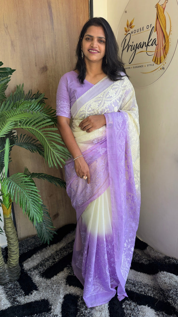 Festive Wear Premium Cotta Saree with Chikankari Embroidery in Lavender — HOP193