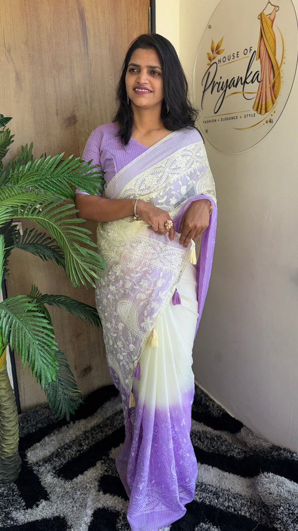 Festive Wear Premium Cotta Saree with Chikankari Embroidery in Lavender — HOP193