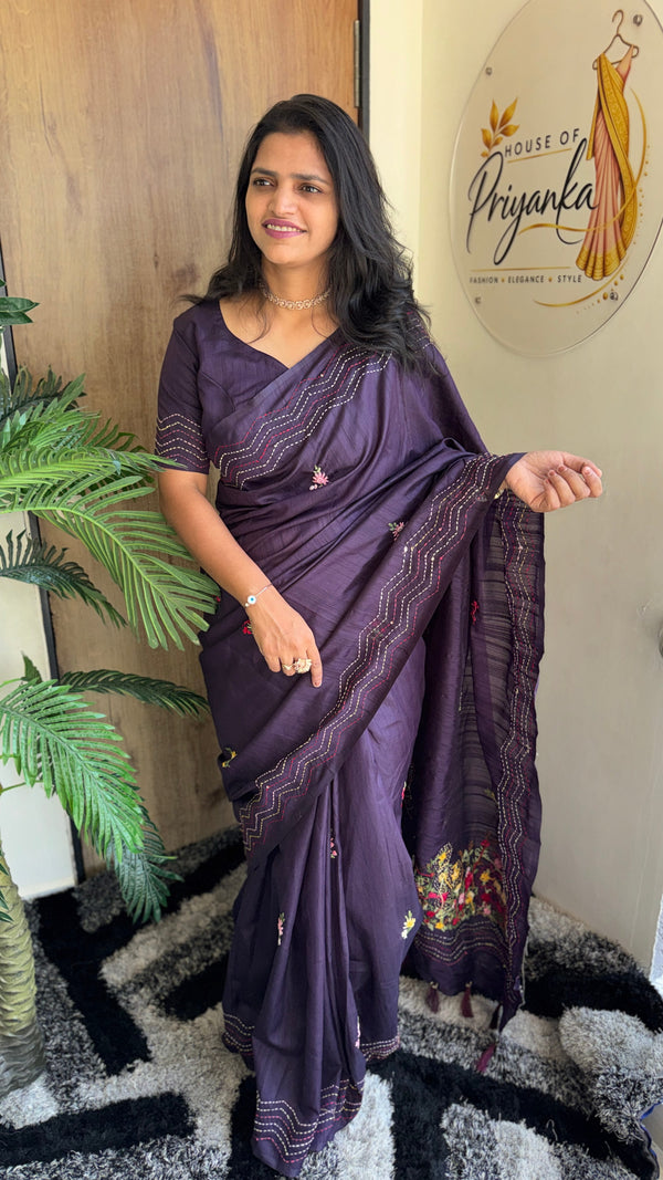 Premium Pure Tussar Silk Saree with Katha, Knot Work & Heavy Tassels — HOP194